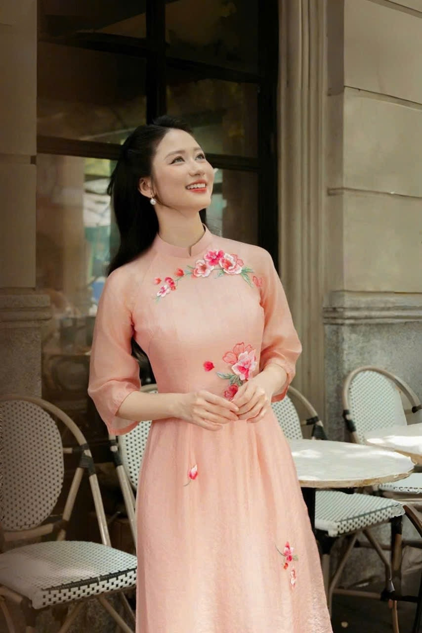 Ao Dai Cam Thêu Đính Kết Q10