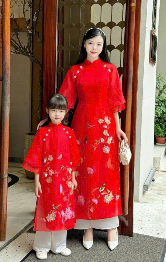 Đỏ  Mommy and me matching ao dai set for women and girl| Ao Dai Me va Be modern silk organza| | Lunar New Year| MB59