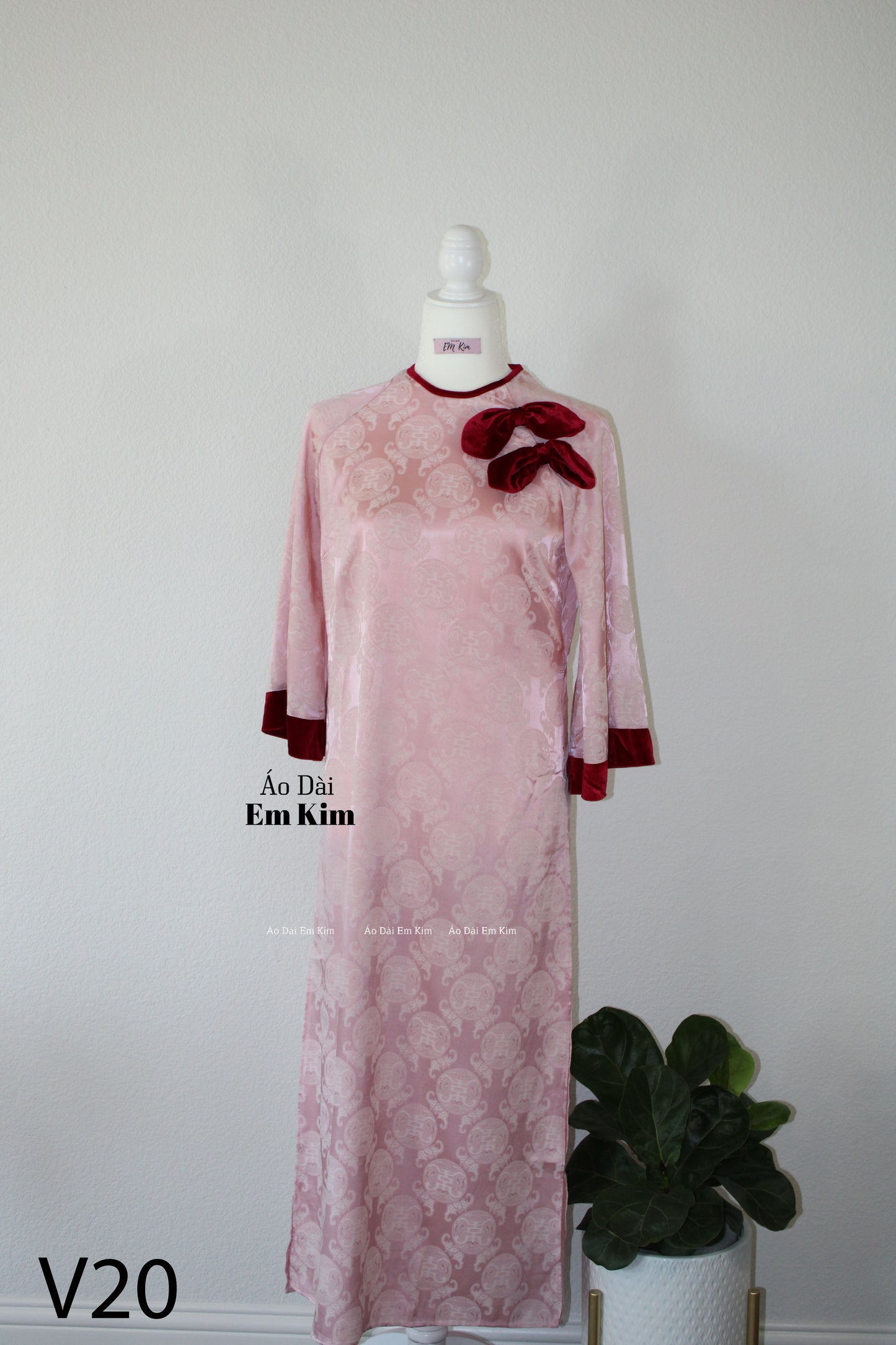 Pink and Red Gam Tho with Bow Ao Dai Set V20