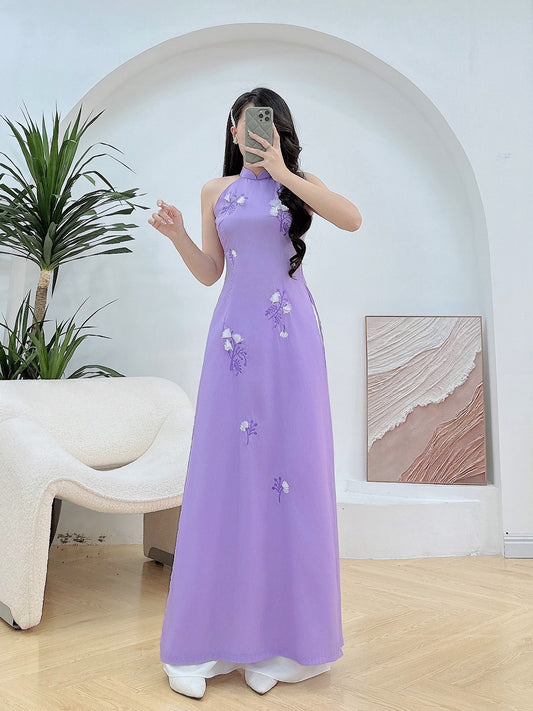 Purple sleeveles Embroidery Ao Dai A1
