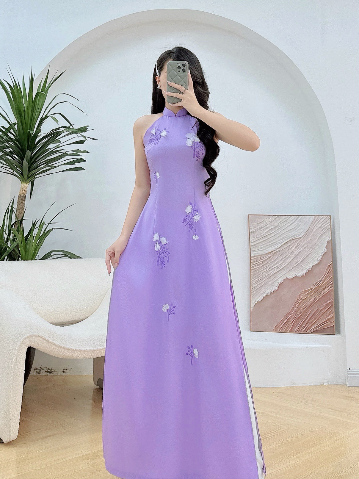 Purple sleeveles Embroidery Ao Dai A1