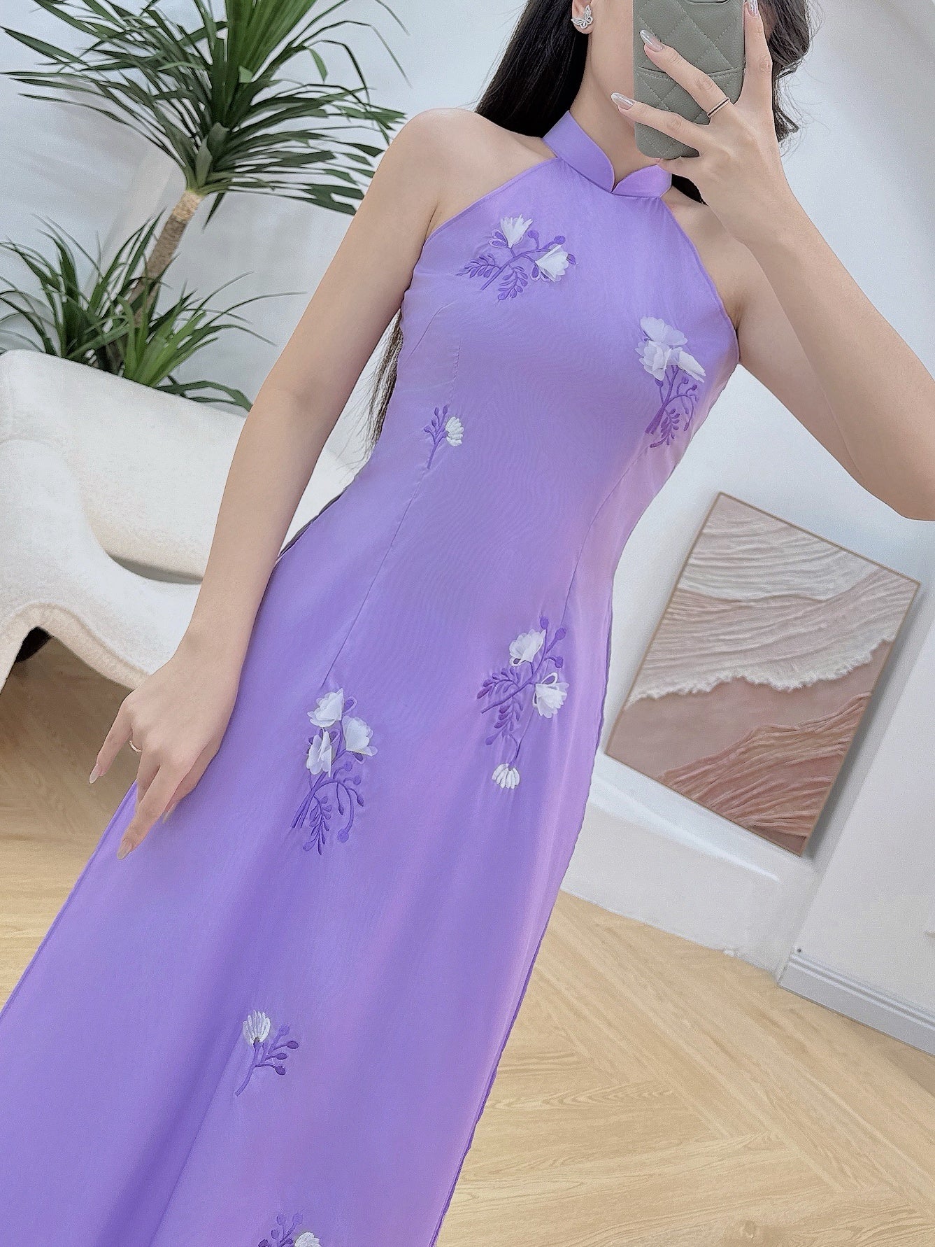 Purple sleeveles Embroidery Ao Dai A1