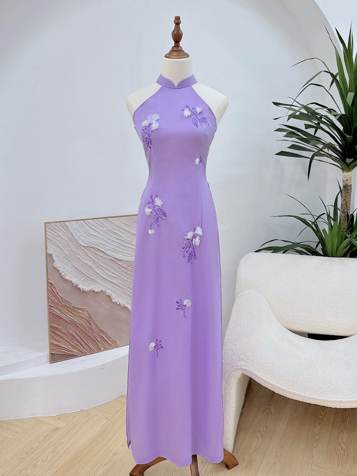 Purple sleeveles Embroidery Ao Dai A1