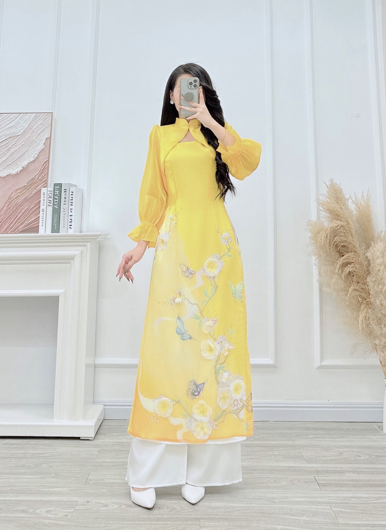 Vàng  Mommy and me matching ao dai set for women and girl| Ao Dai Me va Be modern silk organza| | Lunar New Year| MB58