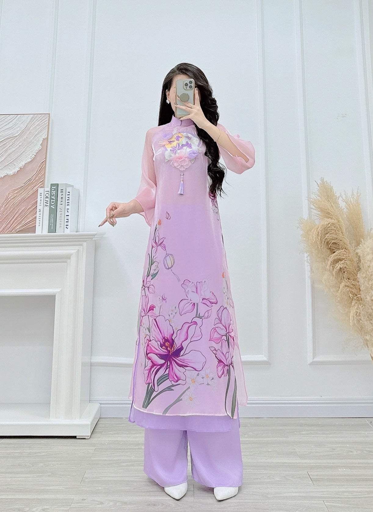 Mommy Daughter purple Flowers Matching Ao Dai/ Pre-made Modernized Vietnamese Ao Dai| Ao Dai for Lunar New Year|Ao Dai Set with pants|MB08