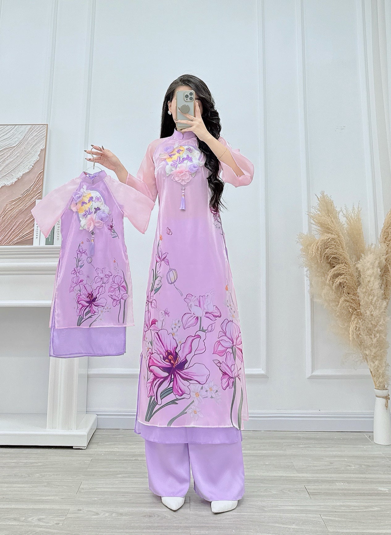 Mommy Daughter purple Flowers Matching Ao Dai/ Pre-made Modernized Vietnamese Ao Dai| Ao Dai for Lunar New Year|Ao Dai Set with pants|MB08