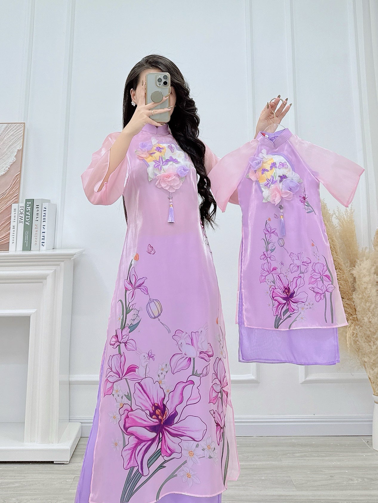 Mommy Daughter purple Flowers Matching Ao Dai/ Pre-made Modernized Vietnamese Ao Dai| Ao Dai for Lunar New Year|Ao Dai Set with pants|MB08