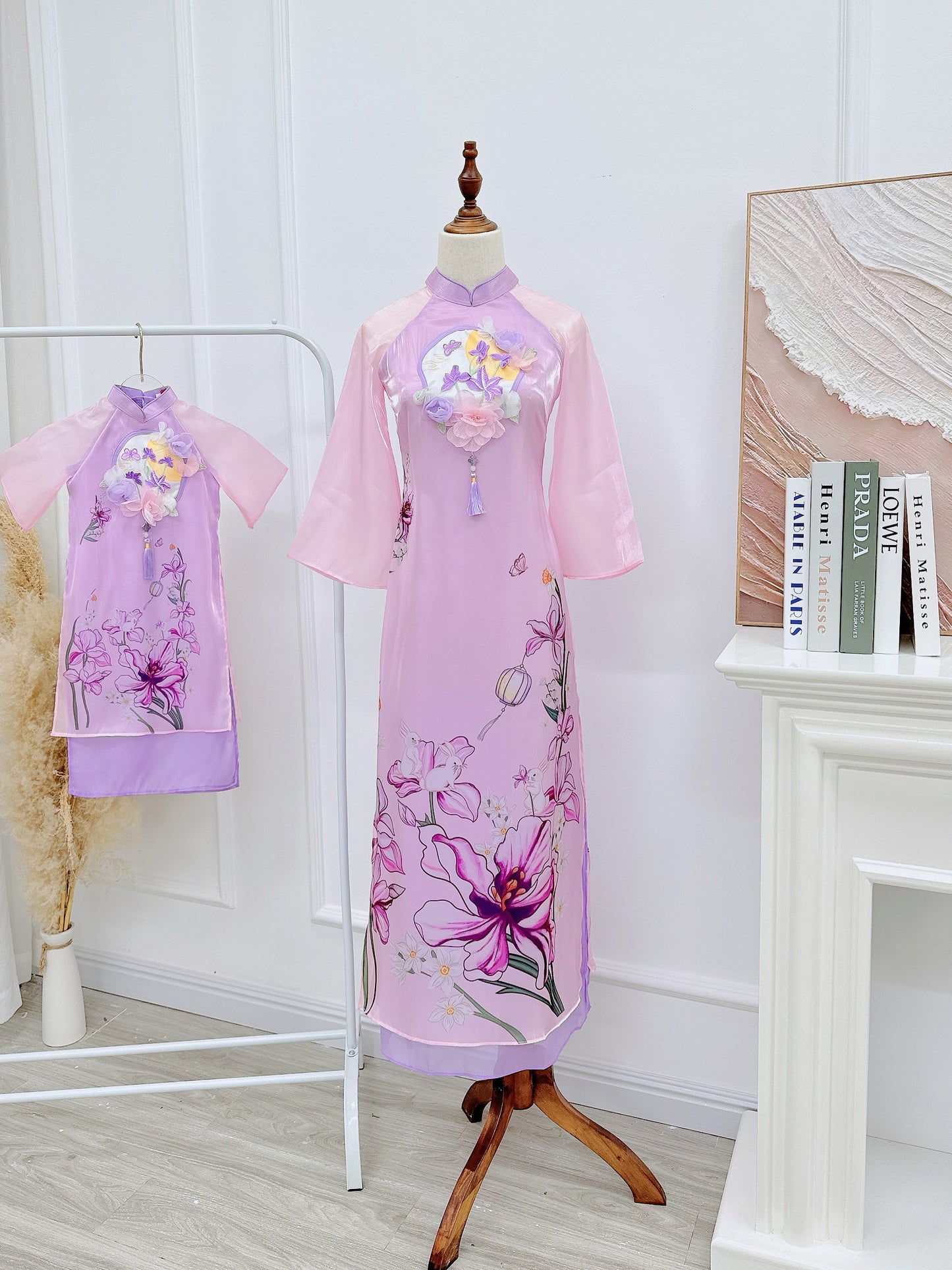 Mommy Daughter purple Flowers Matching Ao Dai/ Pre-made Modernized Vietnamese Ao Dai| Ao Dai for Lunar New Year|Ao Dai Set with pants|MB08