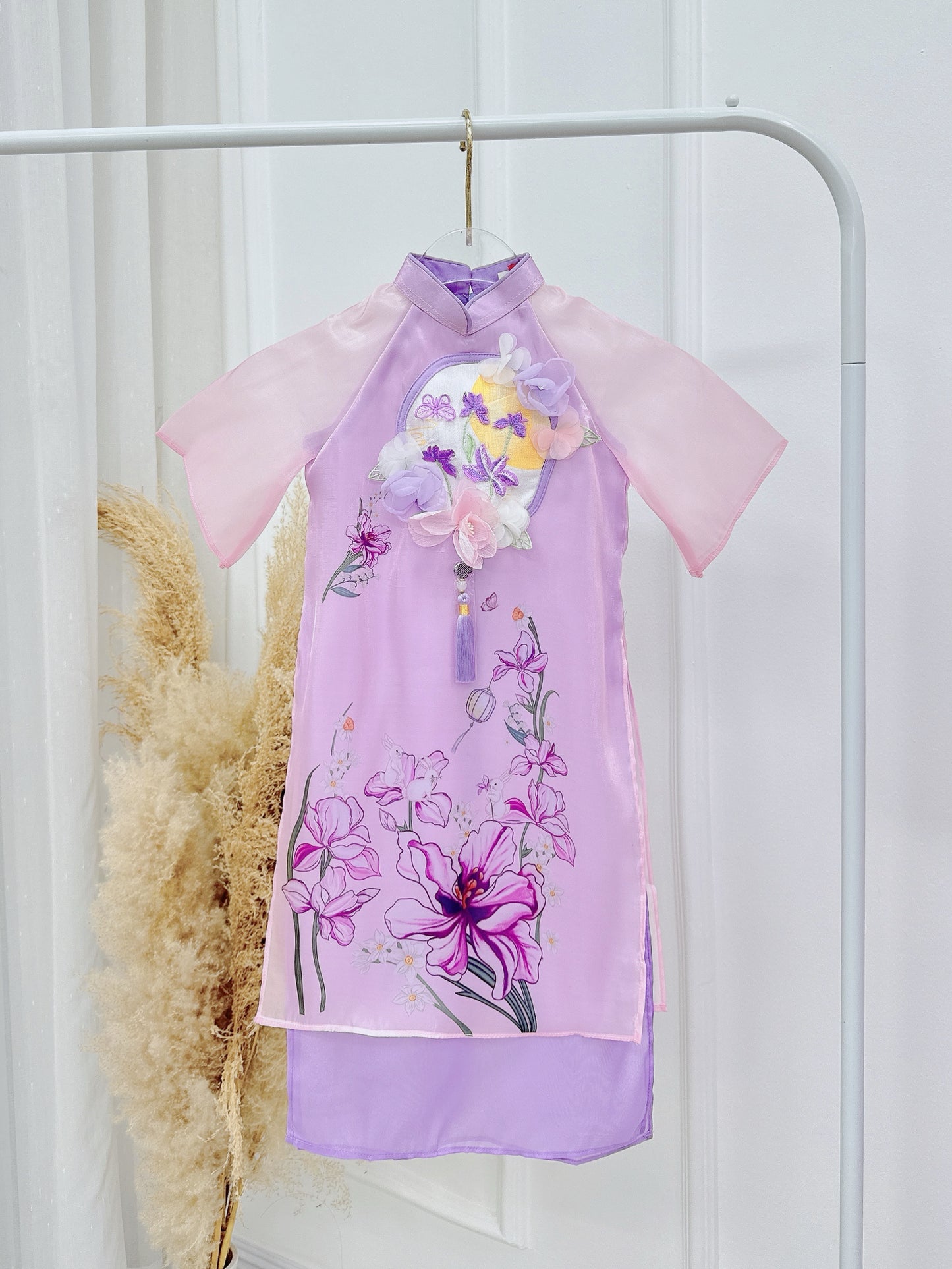 Mommy Daughter purple Flowers Matching Ao Dai/ Pre-made Modernized Vietnamese Ao Dai| Ao Dai for Lunar New Year|Ao Dai Set with pants|MB08