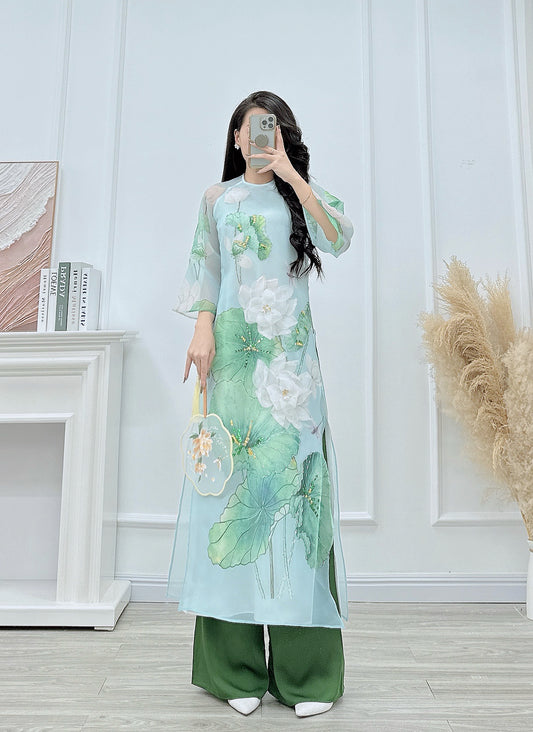 Xanh Sen | Pre-made Vietnamese Dress for Lunar New Year Ao Dai Viet Nam|Ao Dai Cach Tan with Pants Q17