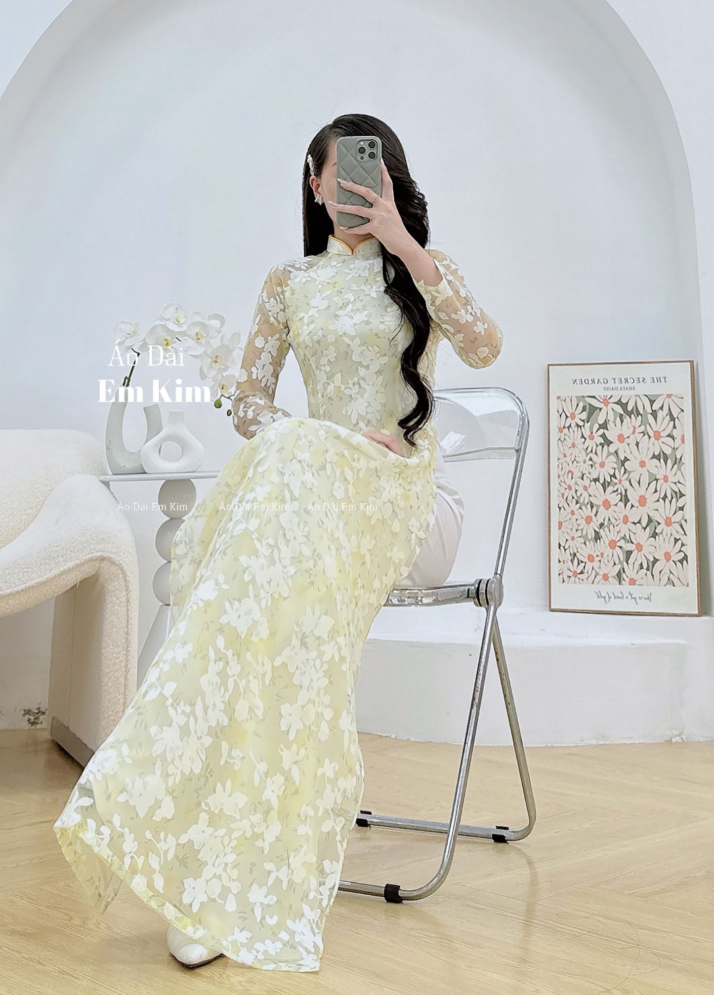 Yellow miniflowers Ao Dai with headpiece A32