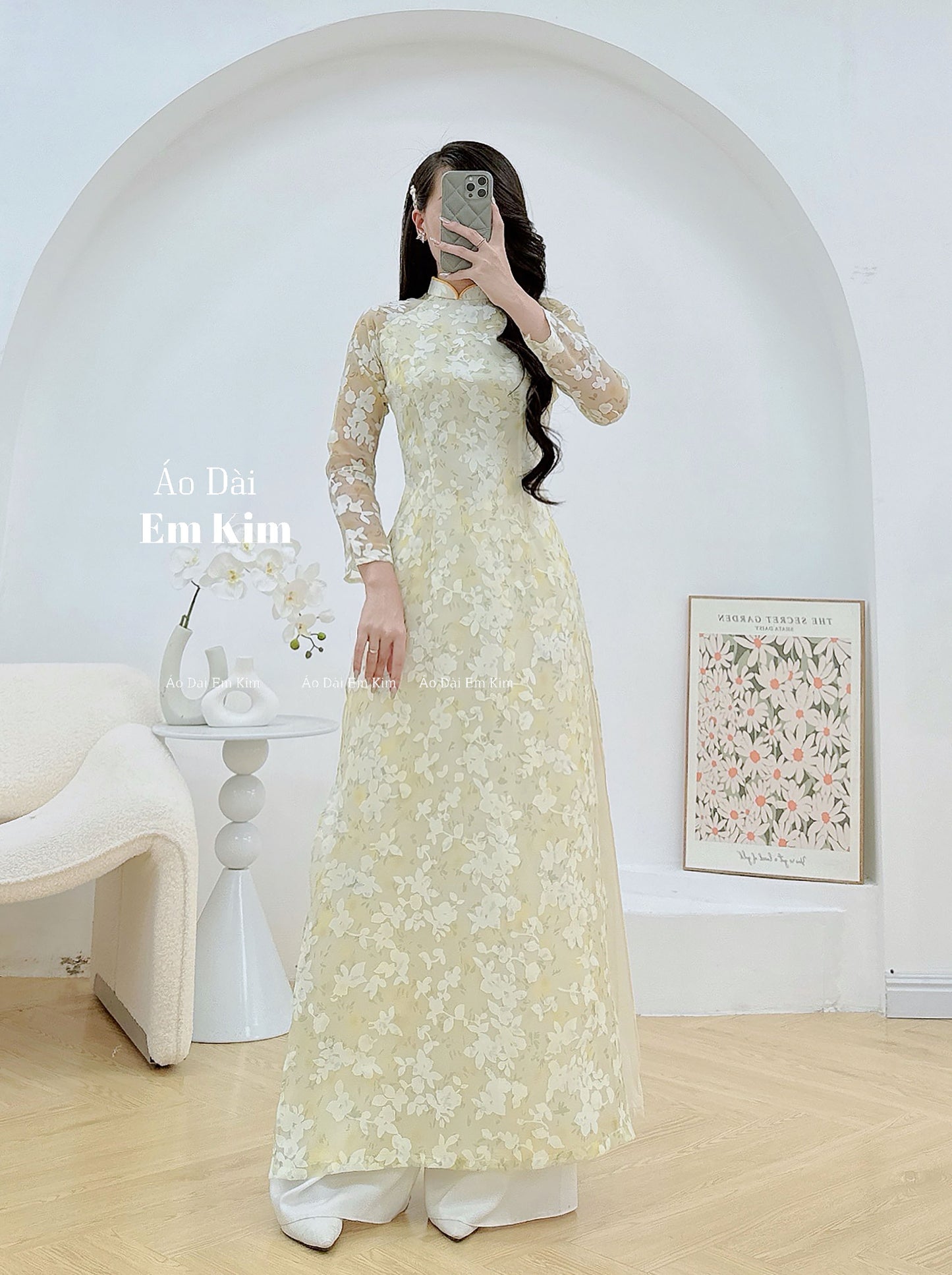 Yellow miniflowers Ao Dai with headpiece A32