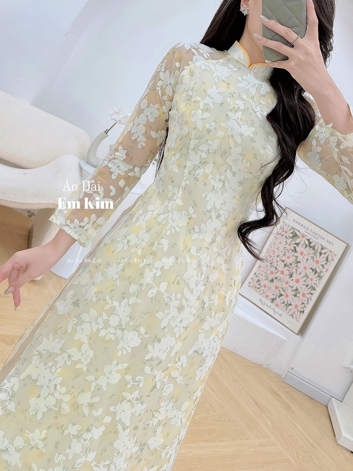 Yellow miniflowers Ao Dai with headpiece A32