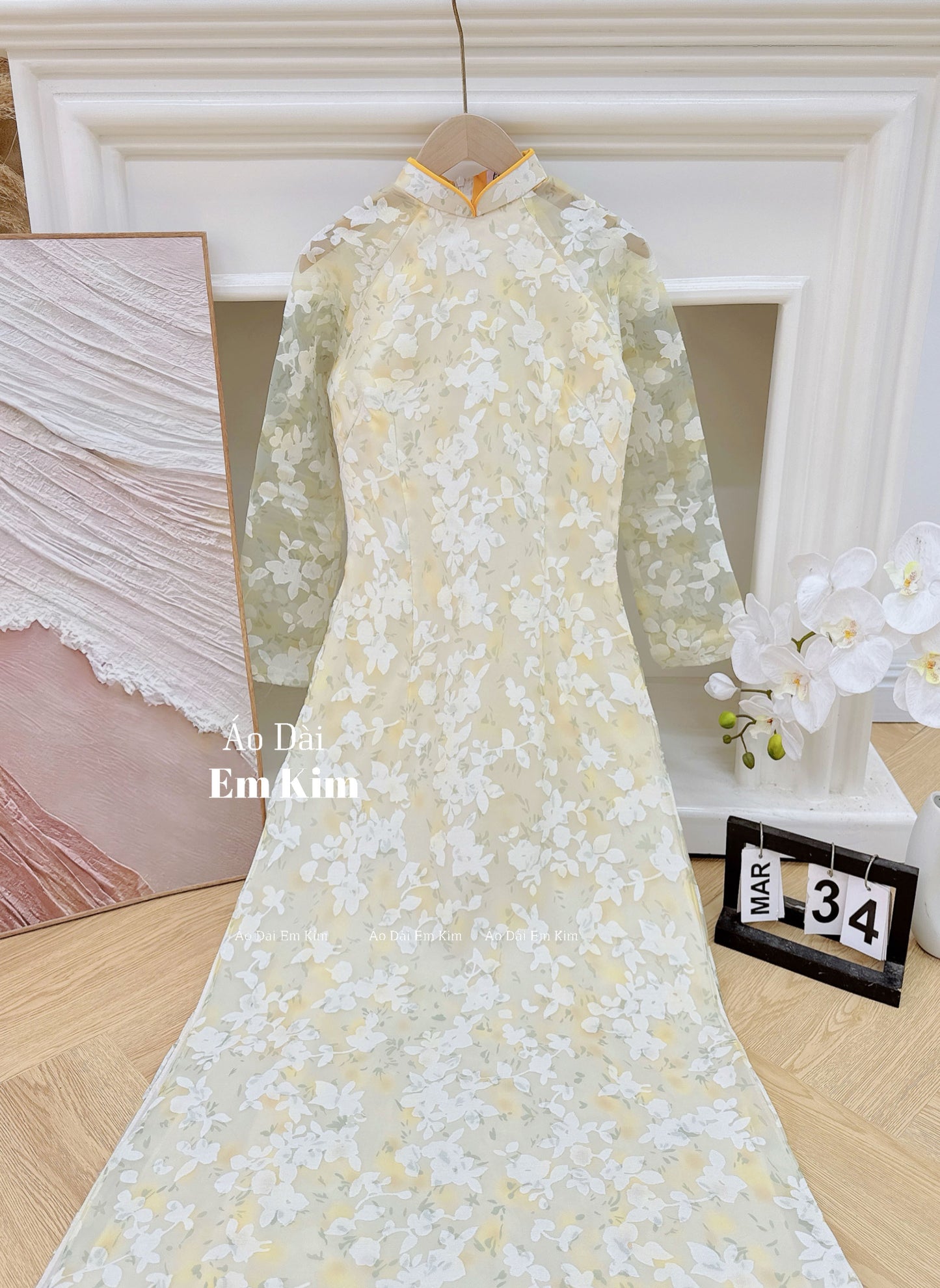 Yellow miniflowers Ao Dai with headpiece A32