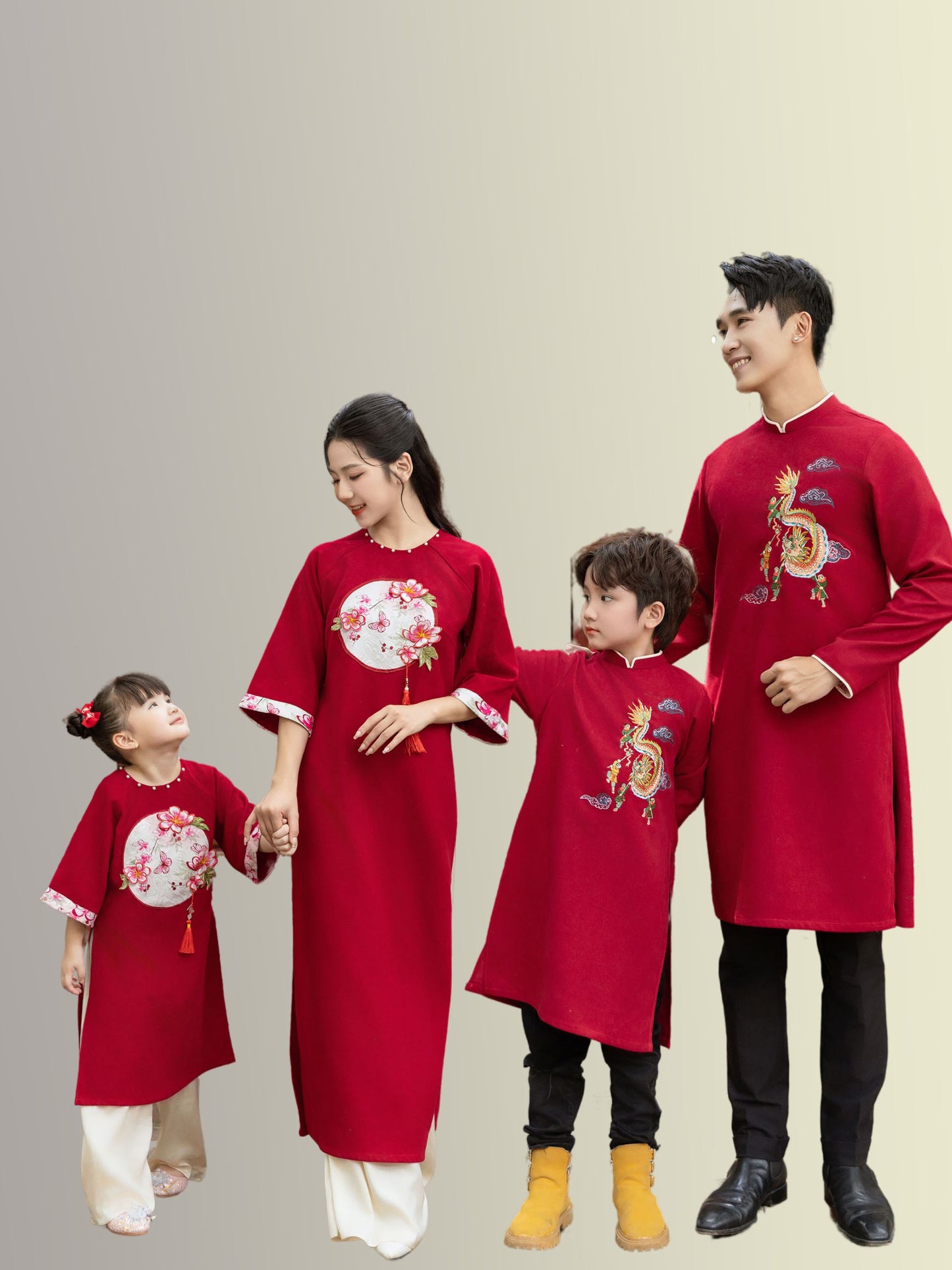 Red Small Dragon Family Matching Ao Dai, Pre-made Modernized Vietnamese Ao Dai, Ao Dai Lunar New Year/Matching Ao Dai Tet|GD57