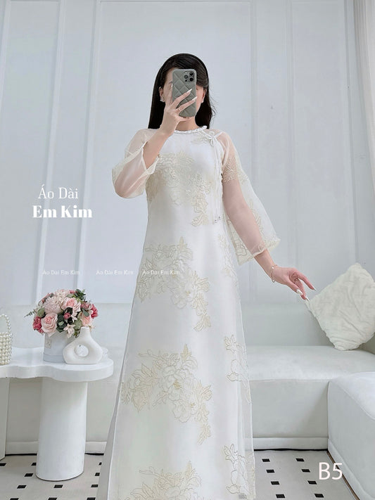 Cream braided neck with Bow Ao Dai | B5
