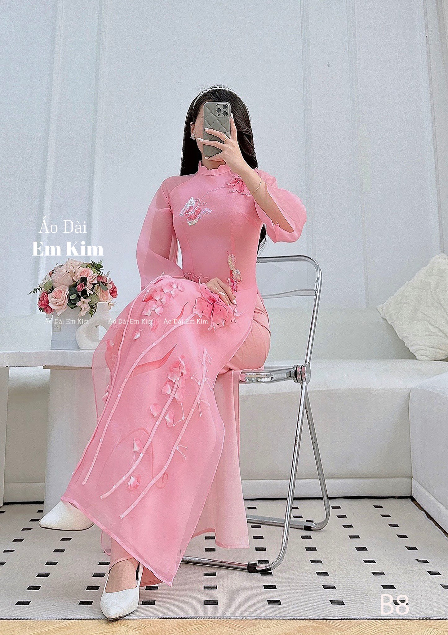 3D flowers pink Tapta Ao Dai Cach Tan |B8