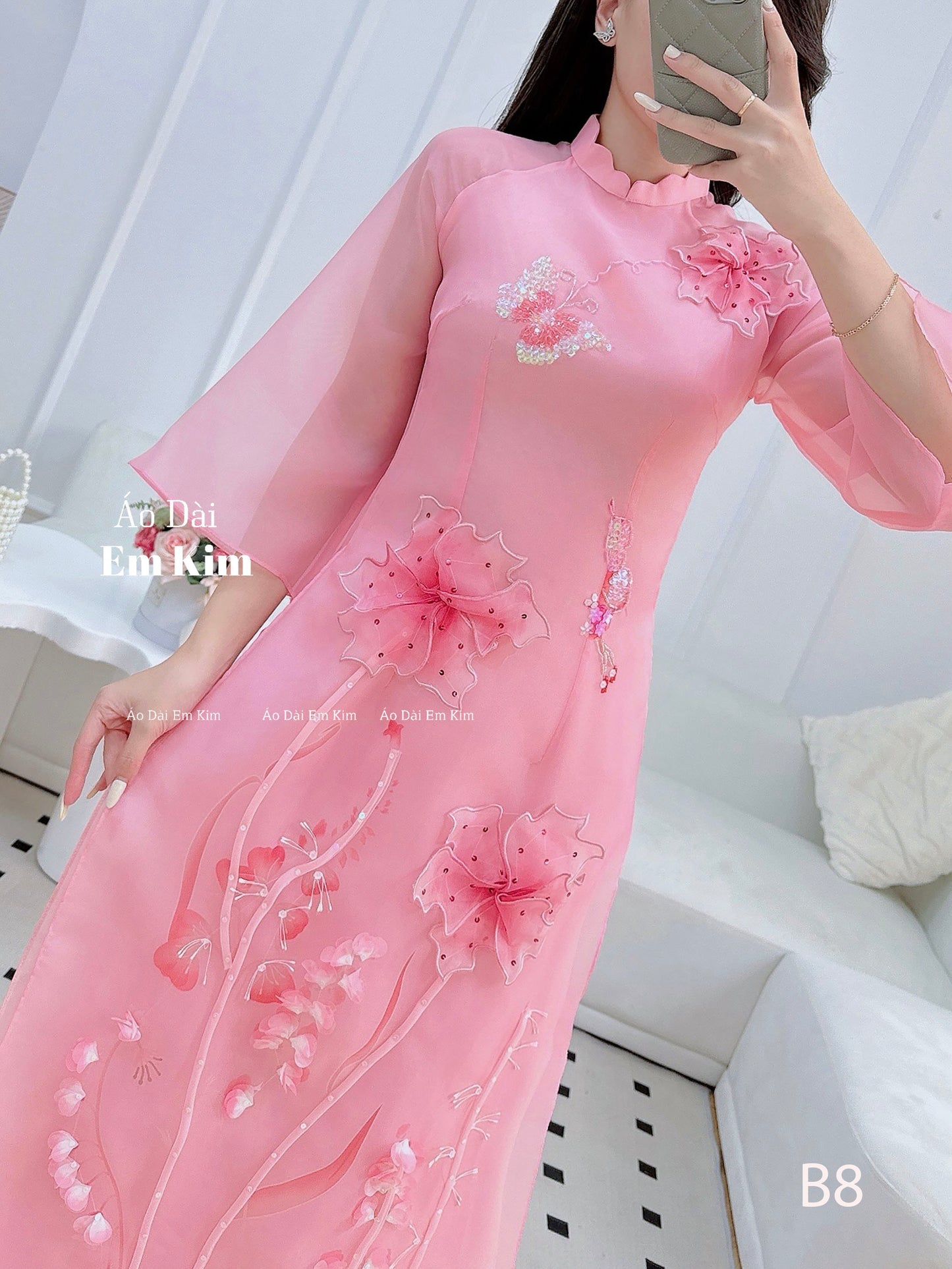 3D flowers pink Tapta Ao Dai Cach Tan |B8