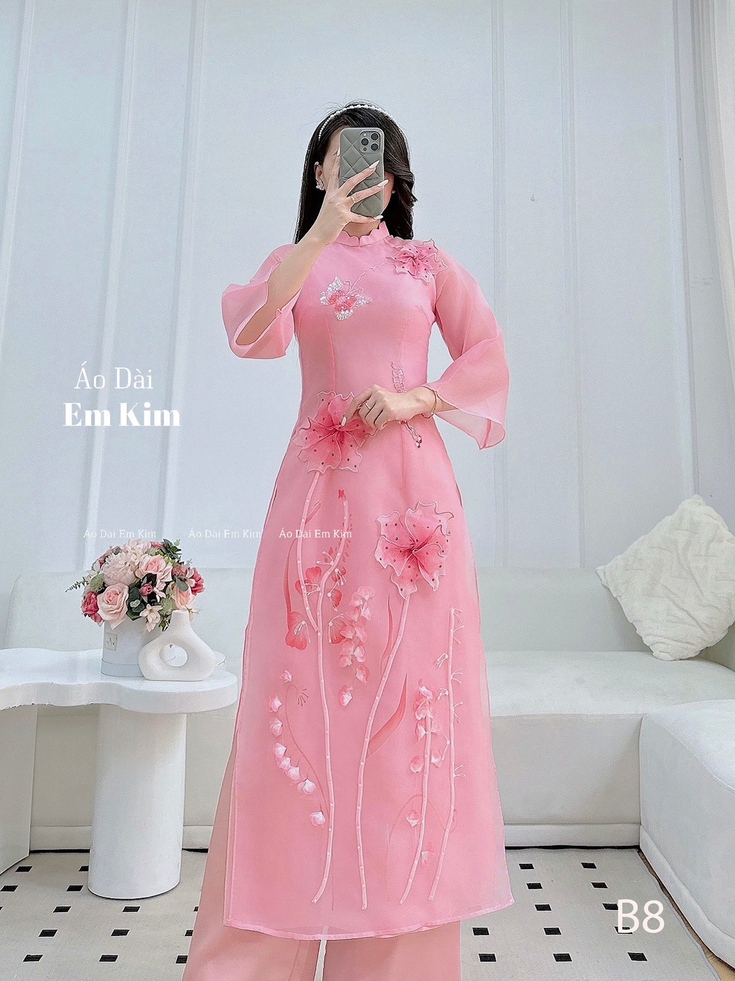 3D flowers pink Tapta Ao Dai Cach Tan |B8