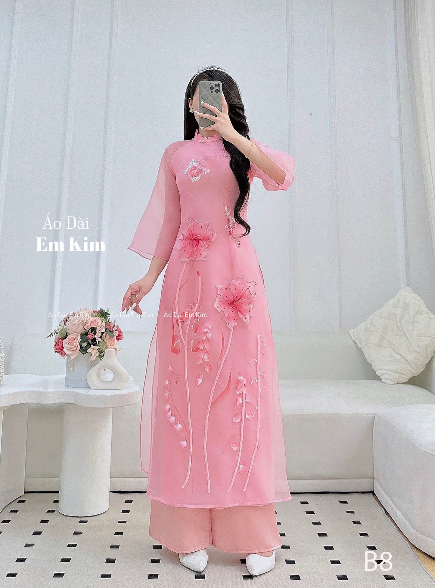 3D flowers pink Tapta Ao Dai Cach Tan |B8