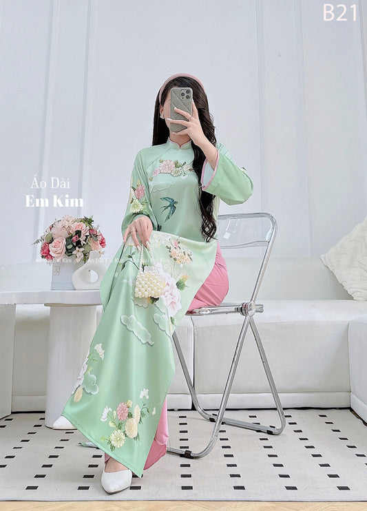 Ao Dai lụa TET 2026 green flare sleeve |B21