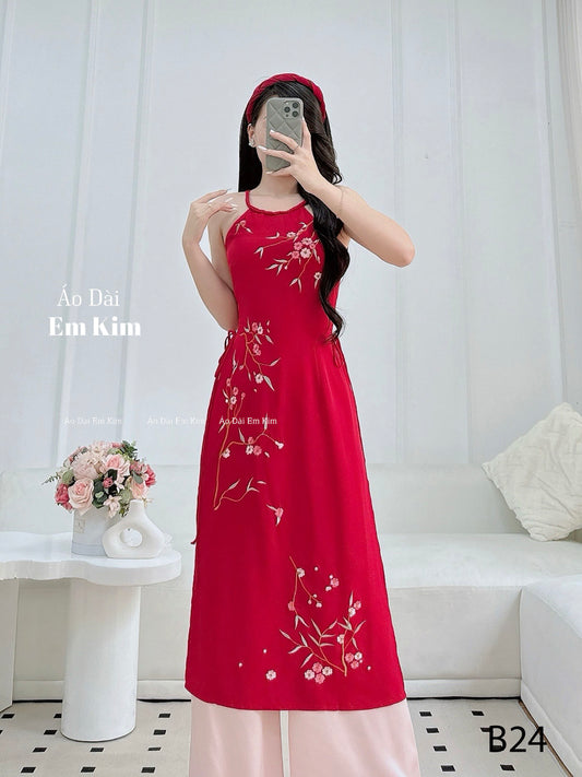 Sleeveless red embroidery Ao Dai Cach Tan |B24