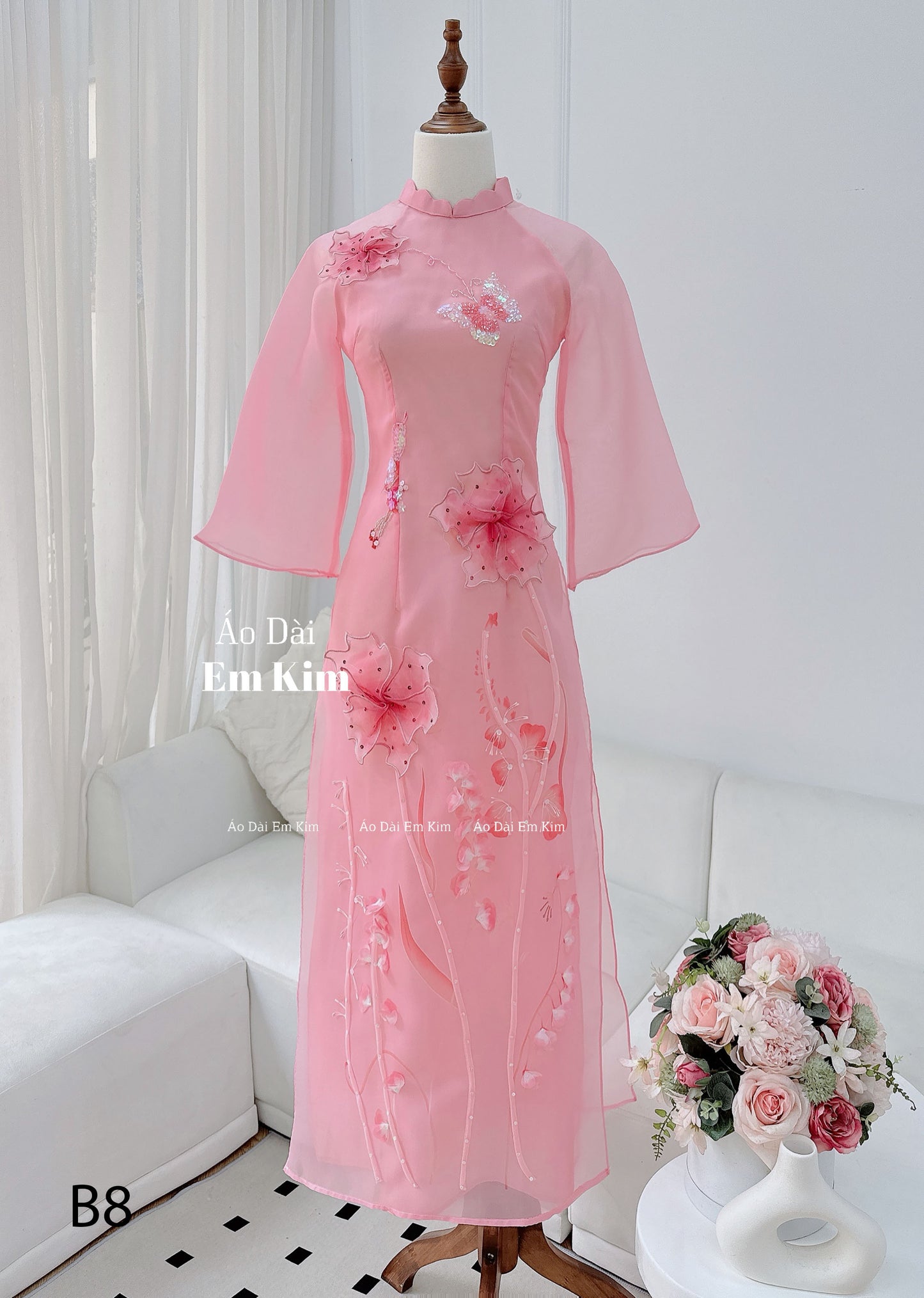 3D flowers pink Tapta Ao Dai Cach Tan |B8