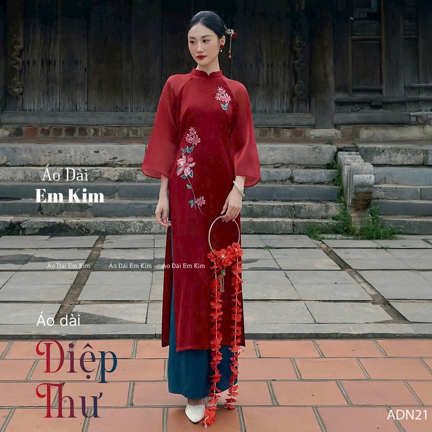 Embroidery Ao Dai Red A21 No pants