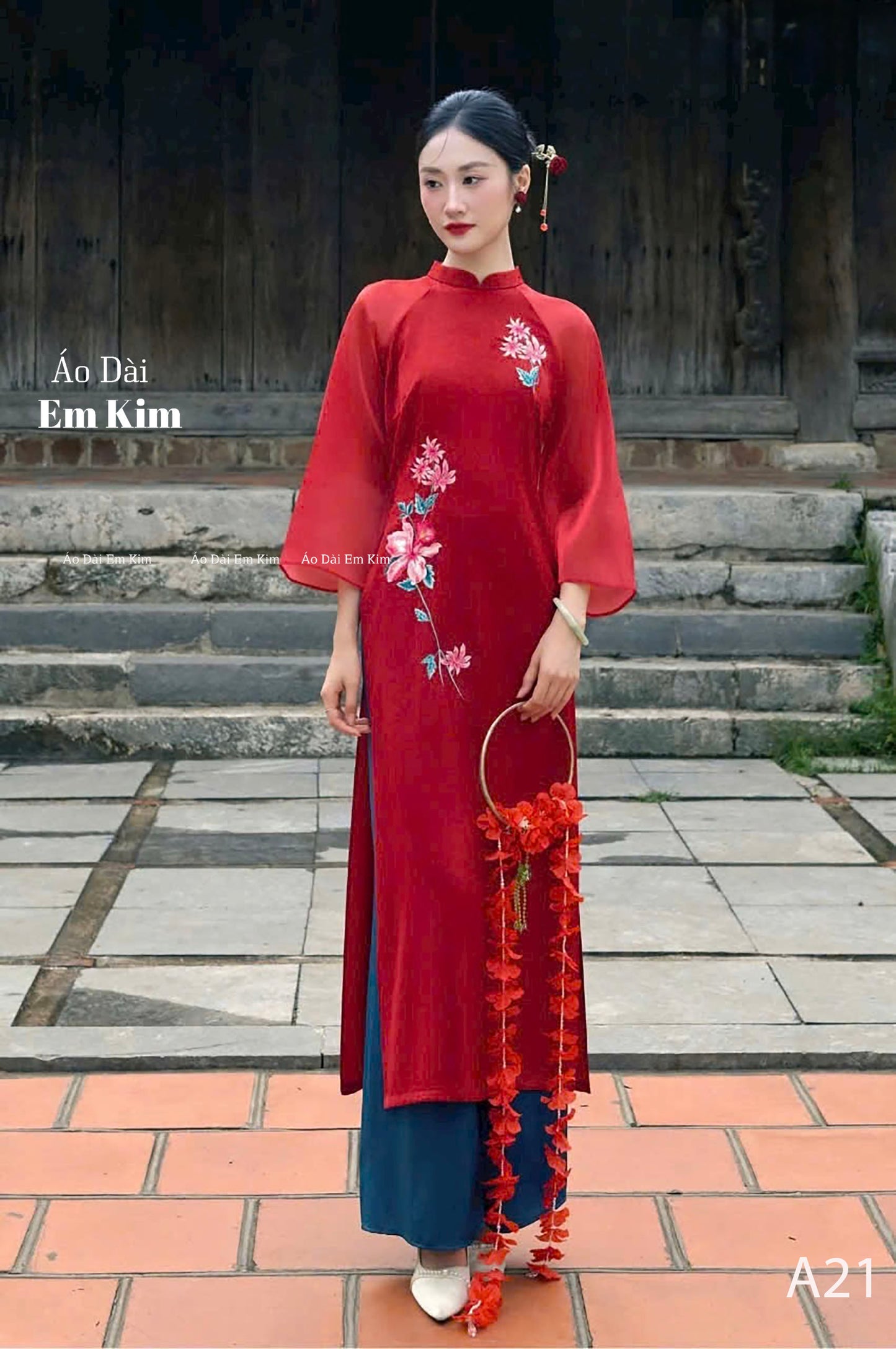 Embroidery Ao Dai Red A21 No pants