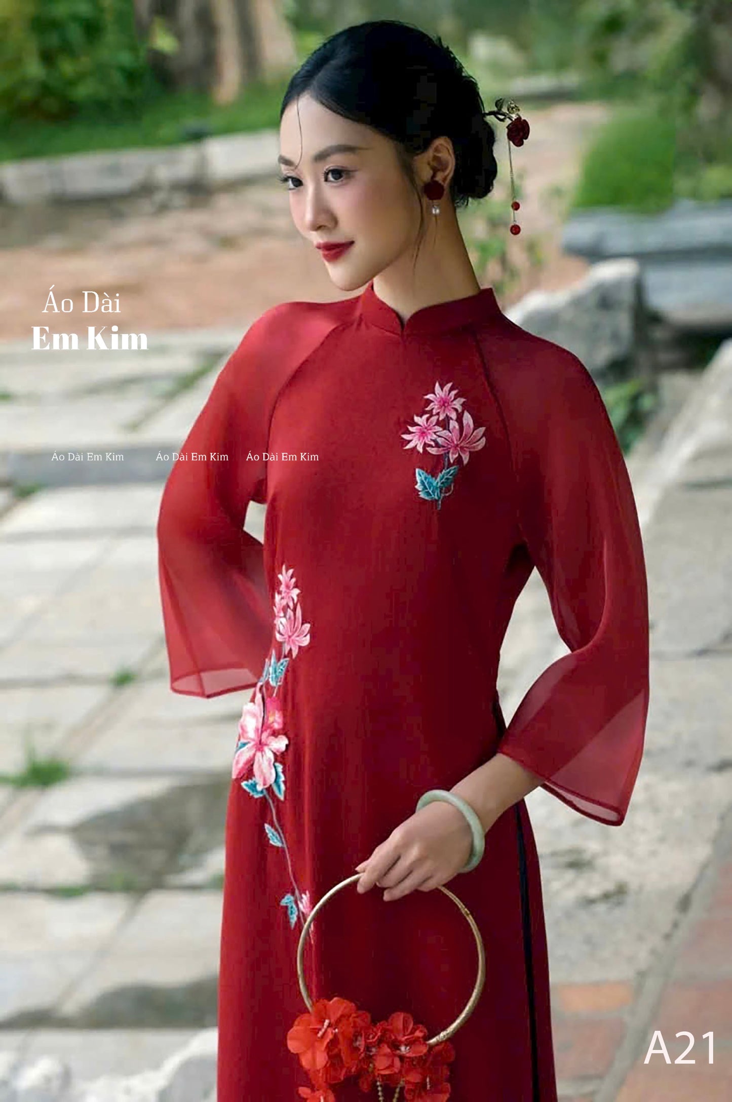 Embroidery Ao Dai Red A21 No pants