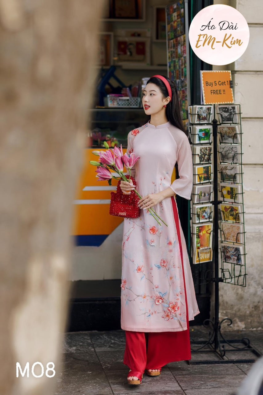 Pink solf silk design ao dai with flowers|M08