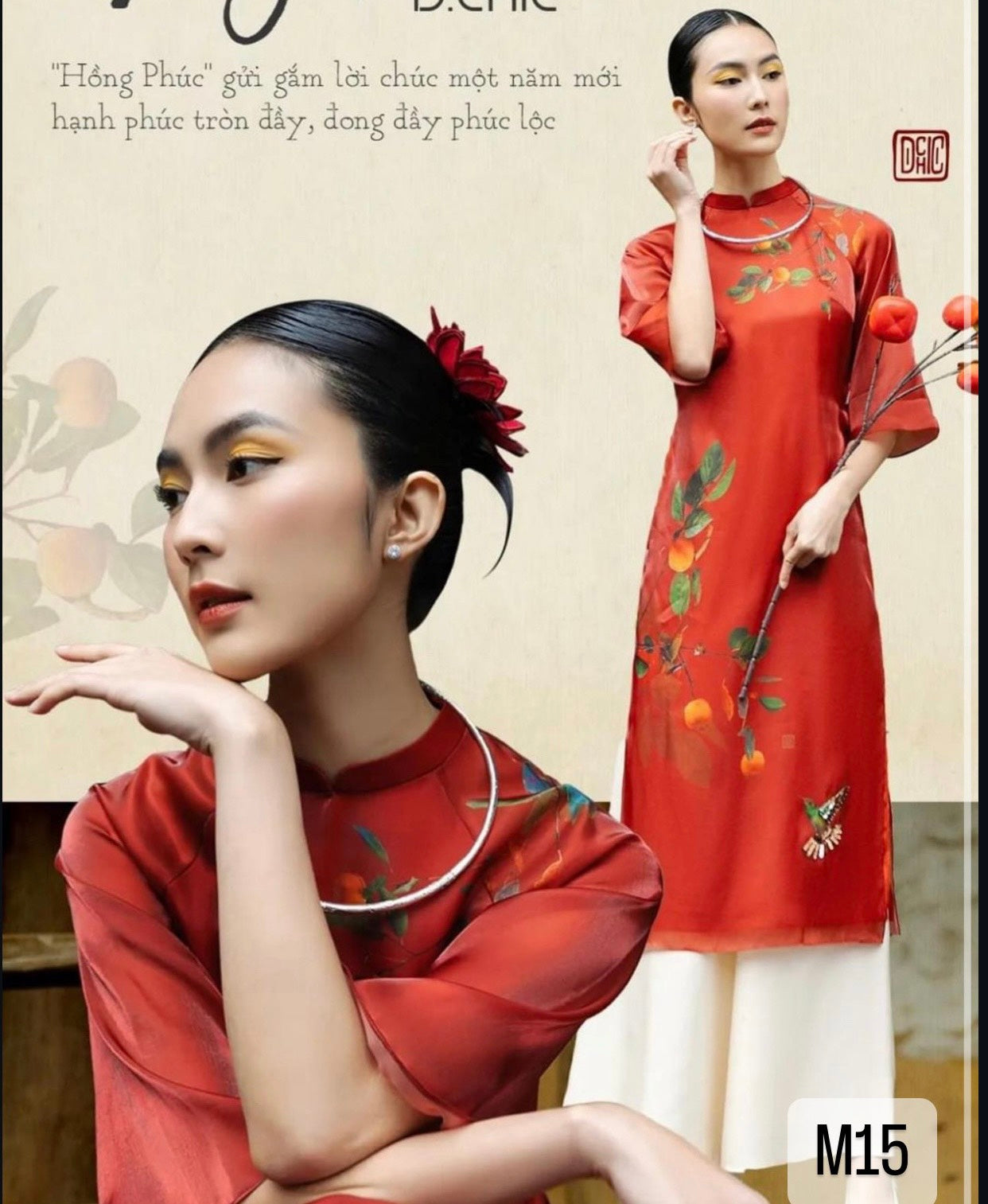 Red tơ óng print áo Dài |M15