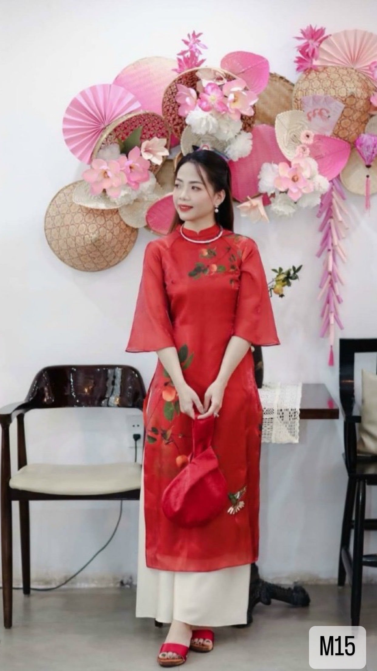 Red tơ óng print áo Dài |M15