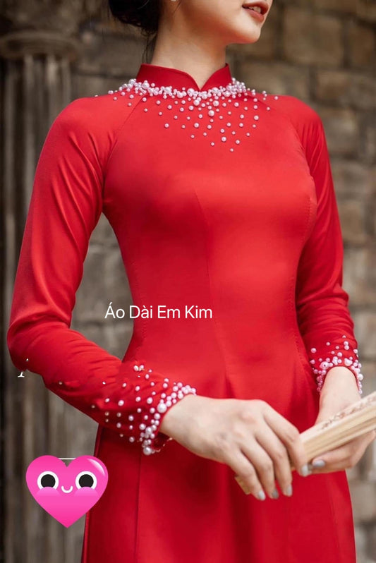 Luạ Mỹ Ao Dai Red with pearls, Pre-made Traditional Vietnamese Ao Dai, Ao Dai women, Ap Dai Vietnam pants Ao Dai Truyen Thong with pant|D30