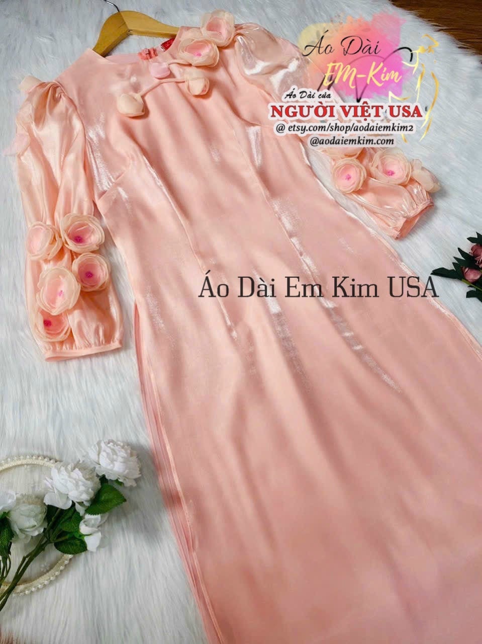 3D roses silk flower double layers\ Modernized Ao Dai sets with pants/ Ao Dai for women/ Ao Dai Viet Nam\B15