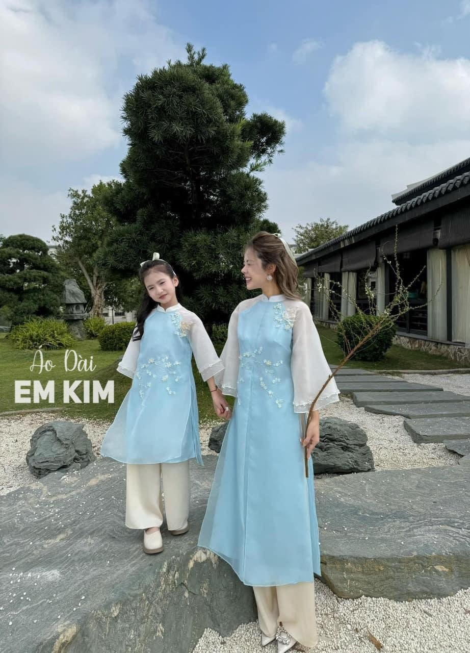 Blue Mommy and daughter Matching Ao Dai Set đính kết| Pre-made Modern Ao Dai Vietnam| Ao Dai women| Ao dai for girls| Lunar New Year| Kids