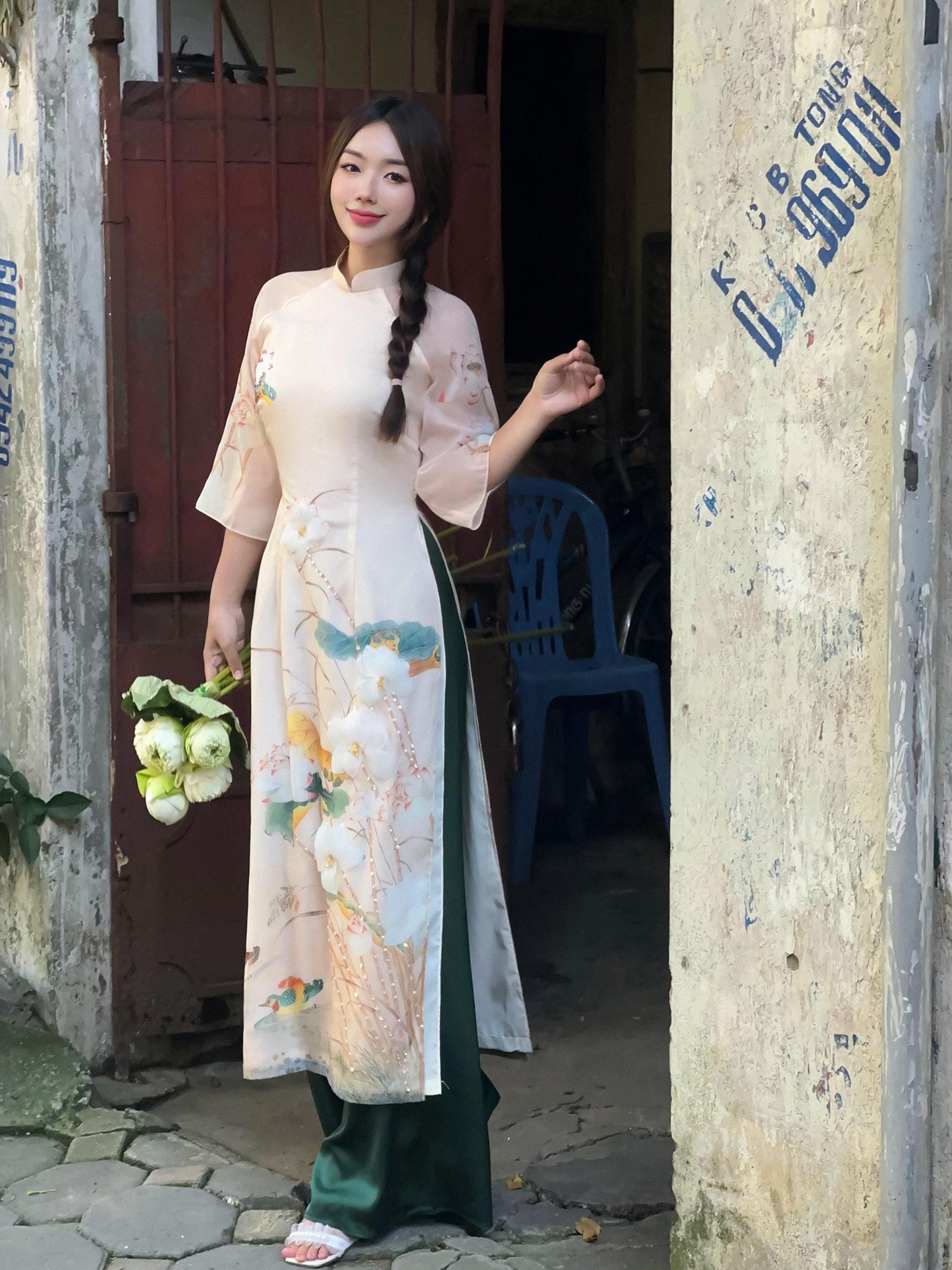 Ao Dai 3D Lotus double layers design dinh ket| Pre-made Vietnamese Ao Dai for women| Ao Dai Cach Tan| Ao Dai women with pants| Ao Dai modern