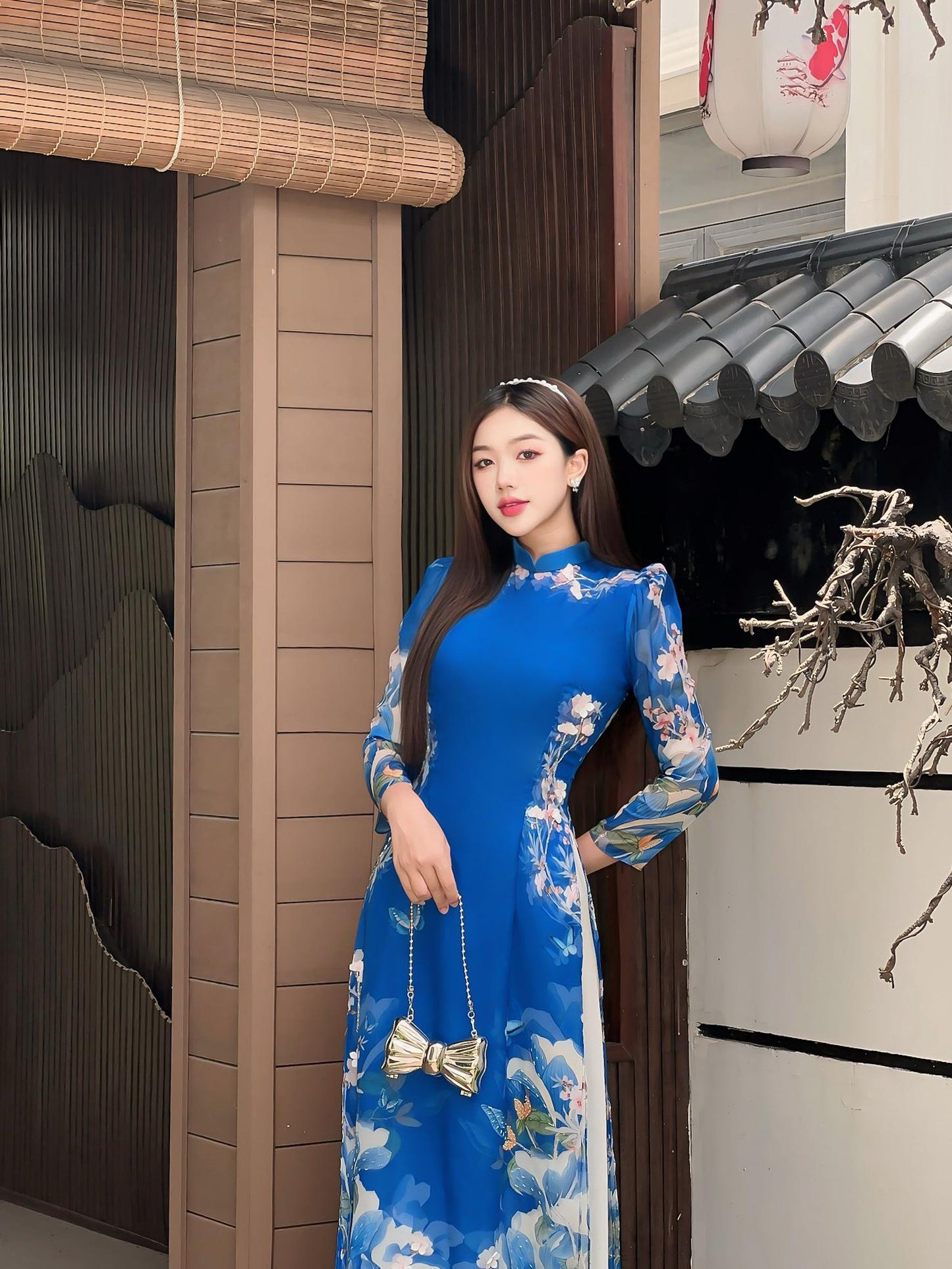 Blue silk print Áo Dài tơ | Set Pre-made Modernized Vietnamese Ao Dai| Women Ao Dai| Lunar New Year|  Viet Ao Dai Cach Tan with Pants N02