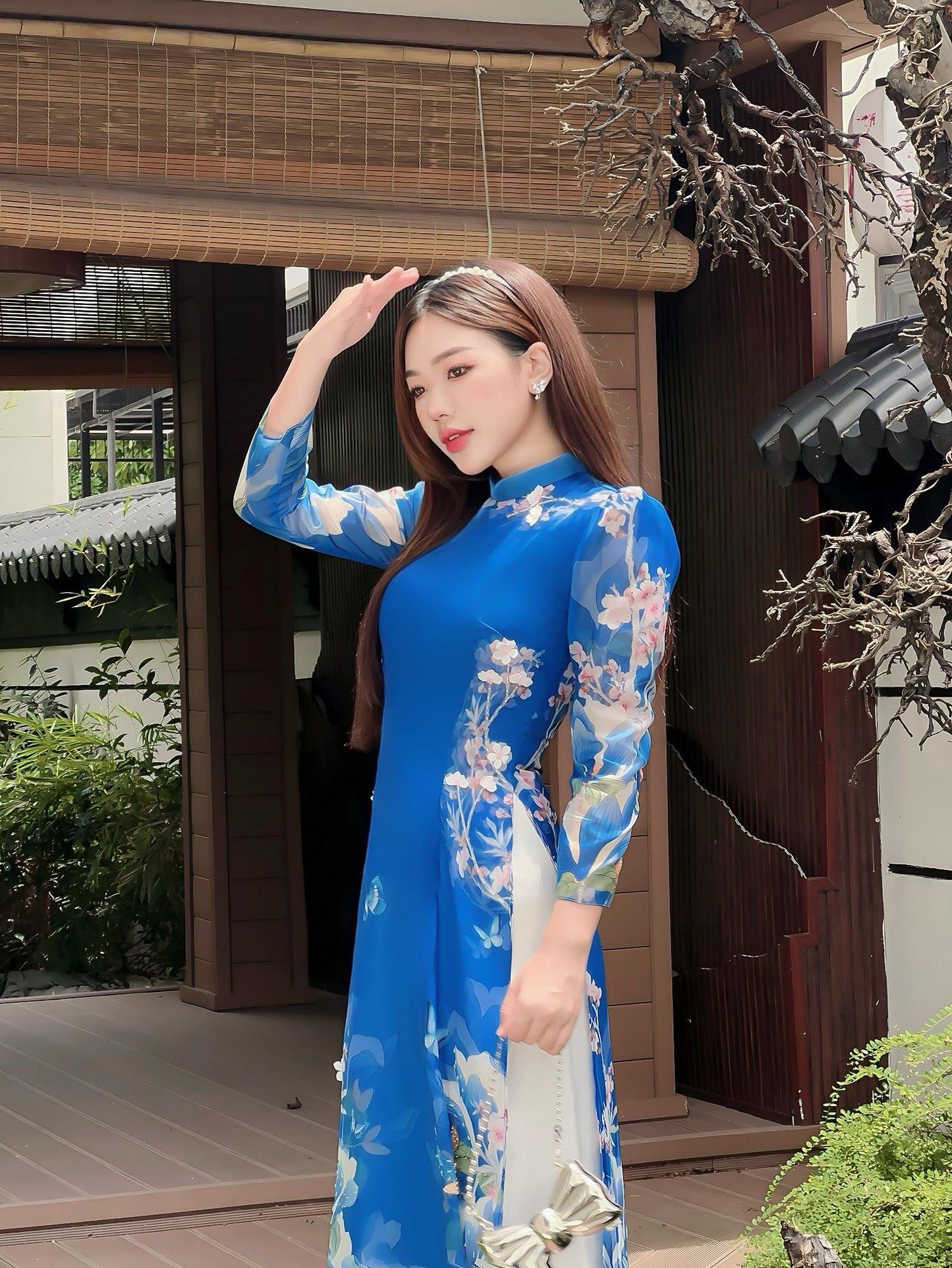 Blue silk print Áo Dài tơ | Set Pre-made Modernized Vietnamese Ao Dai| Women Ao Dai| Lunar New Year|  Viet Ao Dai Cach Tan with Pants N02