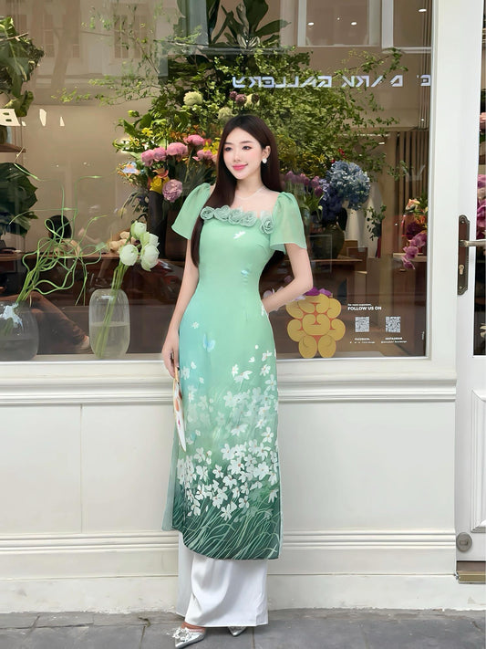 Áo Dài tơ  Green 3D Rose silk print| Set Pre-made Modernized Vietnamese Ao Dai| Women Ao Dai| Lunar New Year| Ao Dai Cach Tan with Pants N03