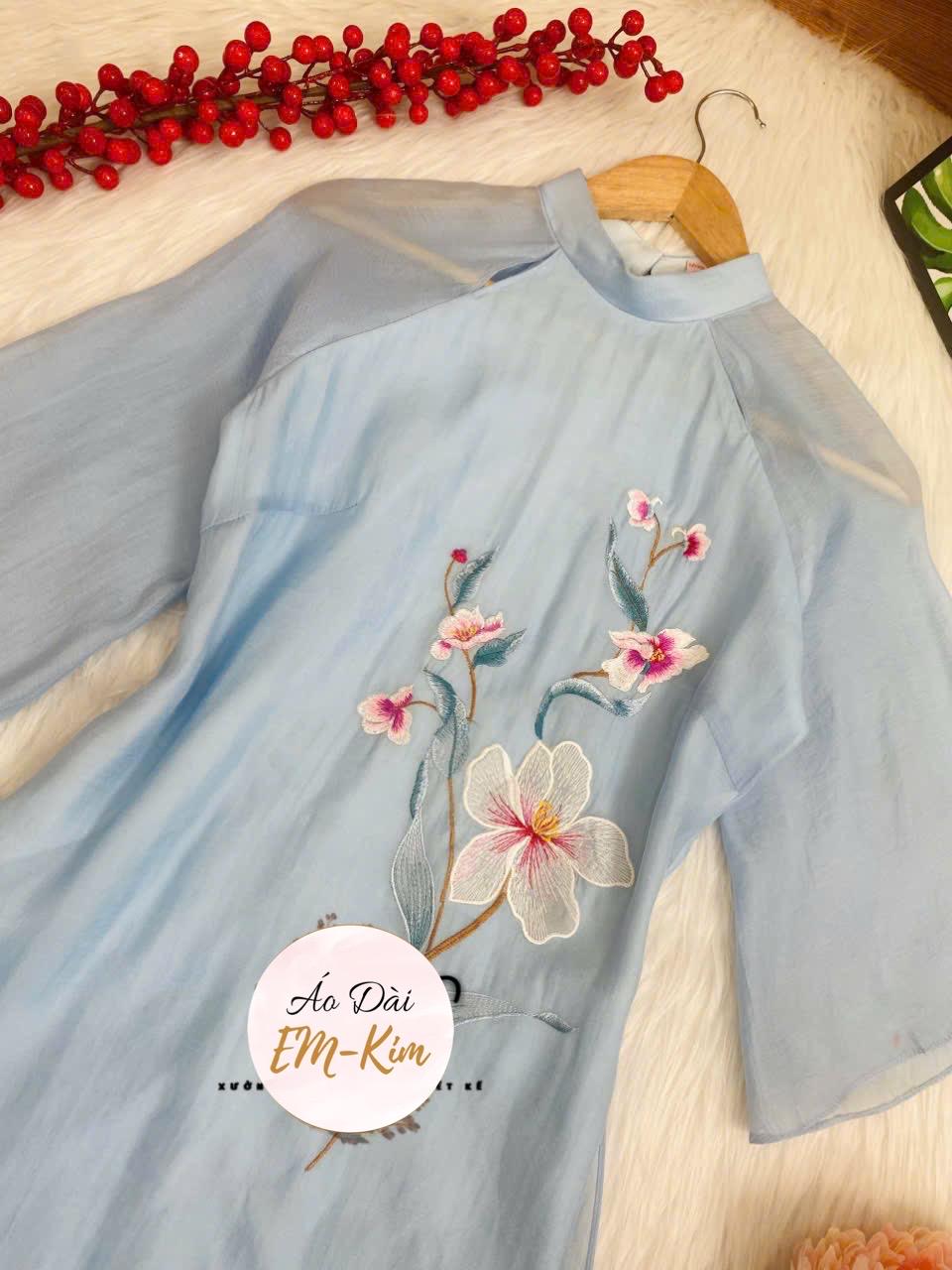 Blue Áo Dài tơ  Embroidery modern neck| Pre-made Modernized Vietnamese Ao Dai| Women Ao Dai| Lunar New Year| Ao Dai Cach Tan with Pants N05