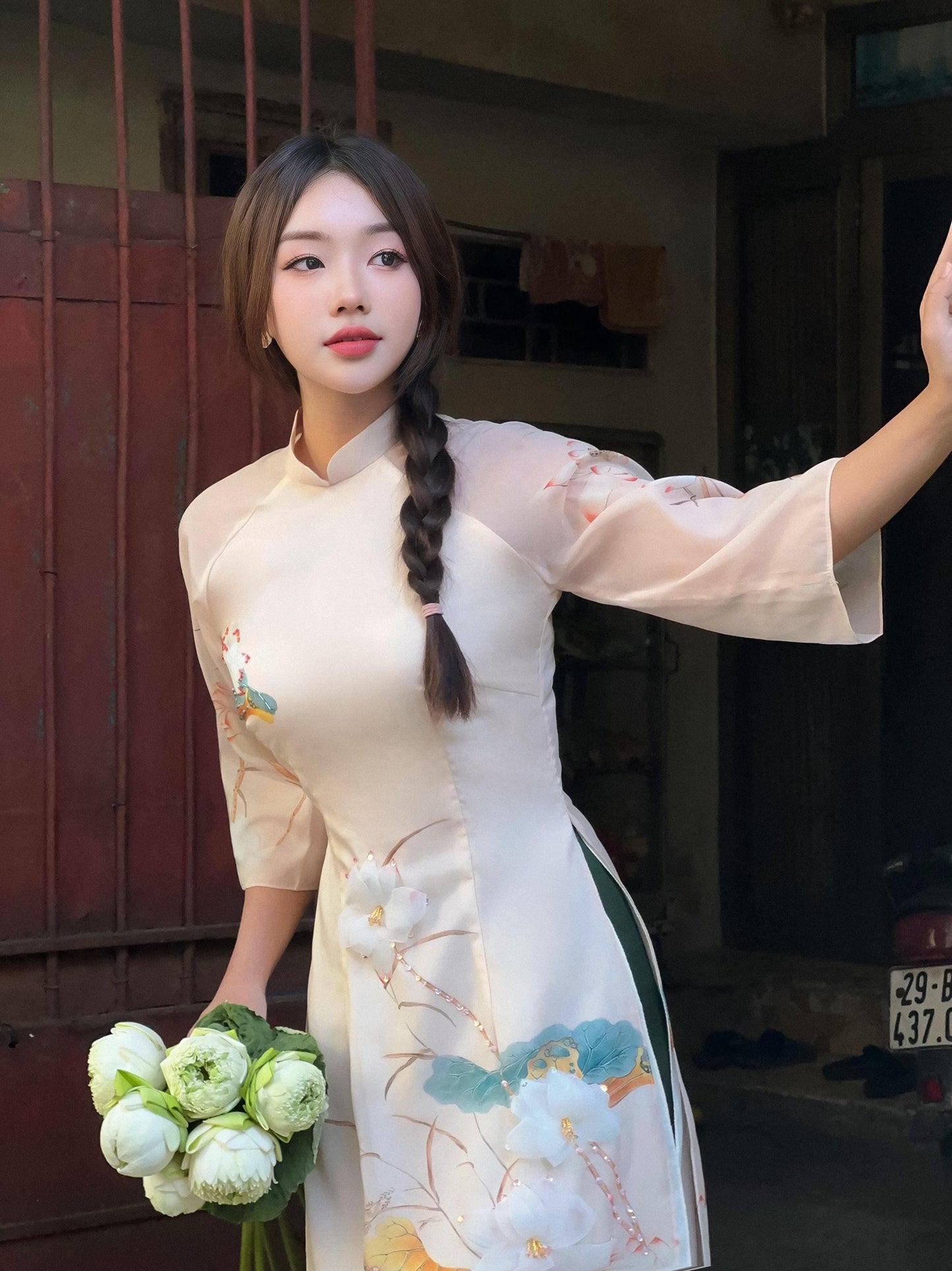 Ao Dai 3D Lotus double layers design dinh ket| Pre-made Vietnamese Ao Dai for women| Ao Dai Cach Tan| Ao Dai women with pants| Ao Dai modern