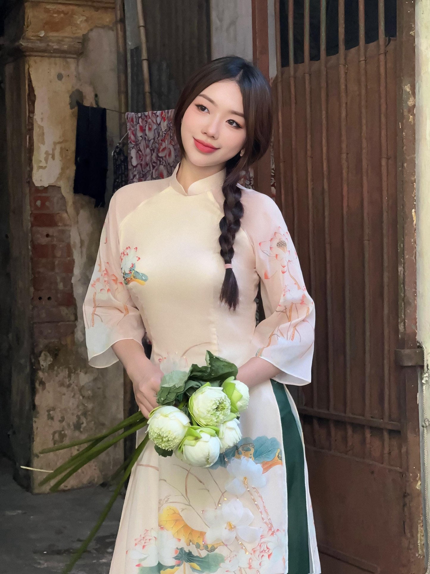 Ao Dai 3D Lotus double layers design dinh ket| Pre-made Vietnamese Ao Dai for women| Ao Dai Cach Tan| Ao Dai women with pants| Ao Dai modern