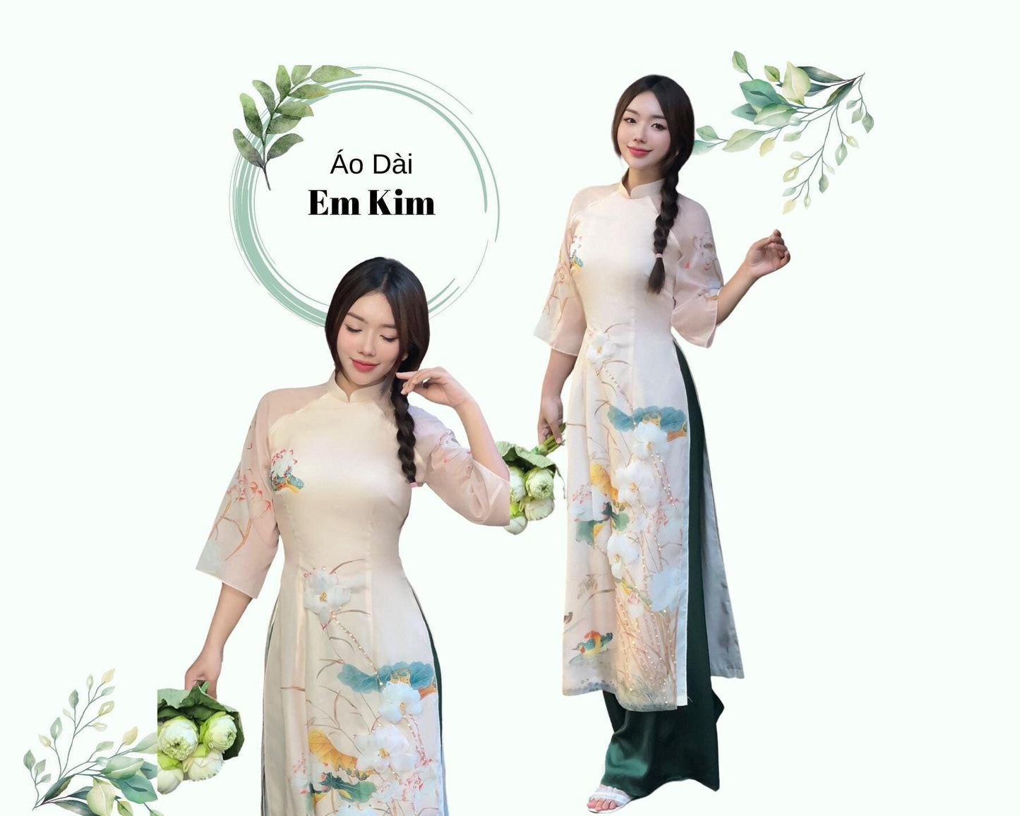 Ao Dai 3D Lotus double layers design dinh ket| Pre-made Vietnamese Ao Dai for women| Ao Dai Cach Tan| Ao Dai women with pants| Ao Dai modern