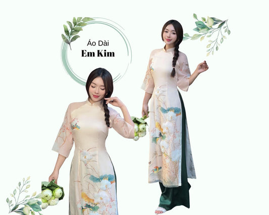 Ao Dai 3D Lotus double layers design dinh ket| Pre-made Vietnamese Ao Dai for women| Ao Dai Cach Tan| Ao Dai women with pants| Ao Dai modern