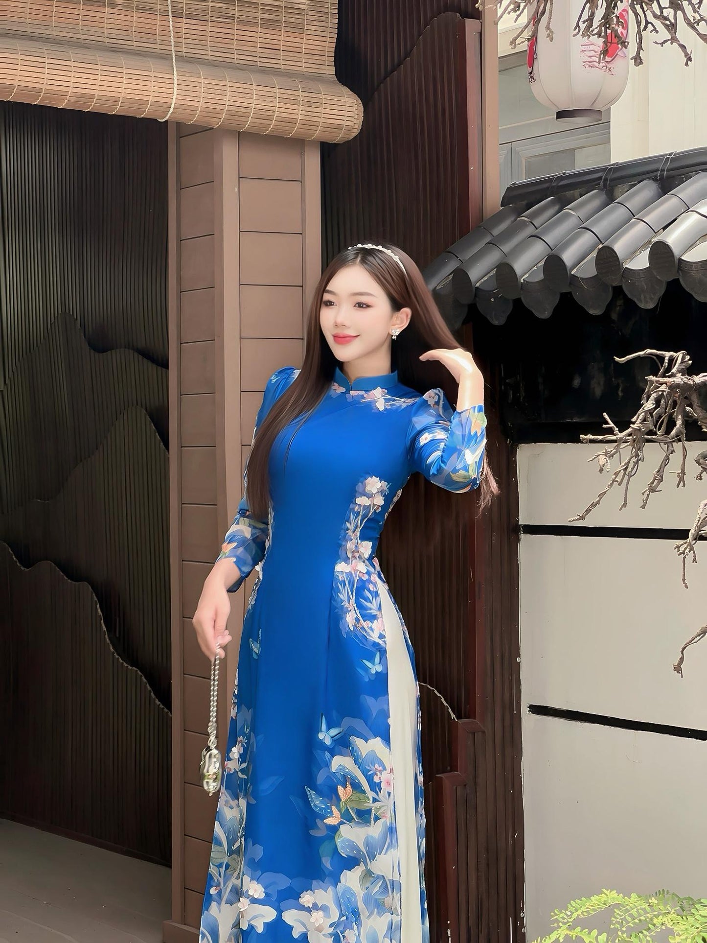 Blue silk print Áo Dài tơ | Set Pre-made Modernized Vietnamese Ao Dai| Women Ao Dai| Lunar New Year|  Viet Ao Dai Cach Tan with Pants N02