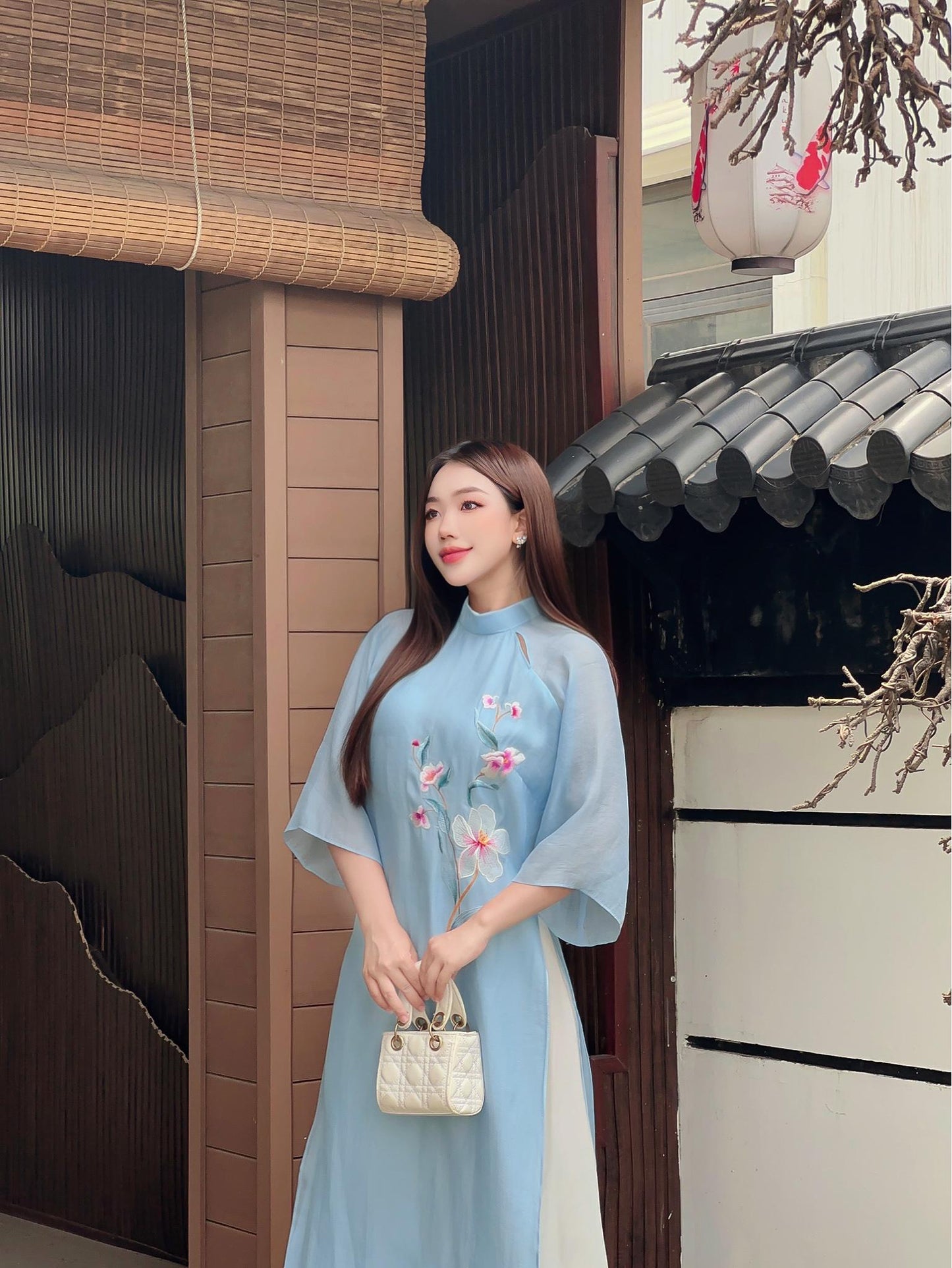 Blue Áo Dài tơ  Embroidery modern neck| Pre-made Modernized Vietnamese Ao Dai| Women Ao Dai| Lunar New Year| Ao Dai Cach Tan with Pants N05