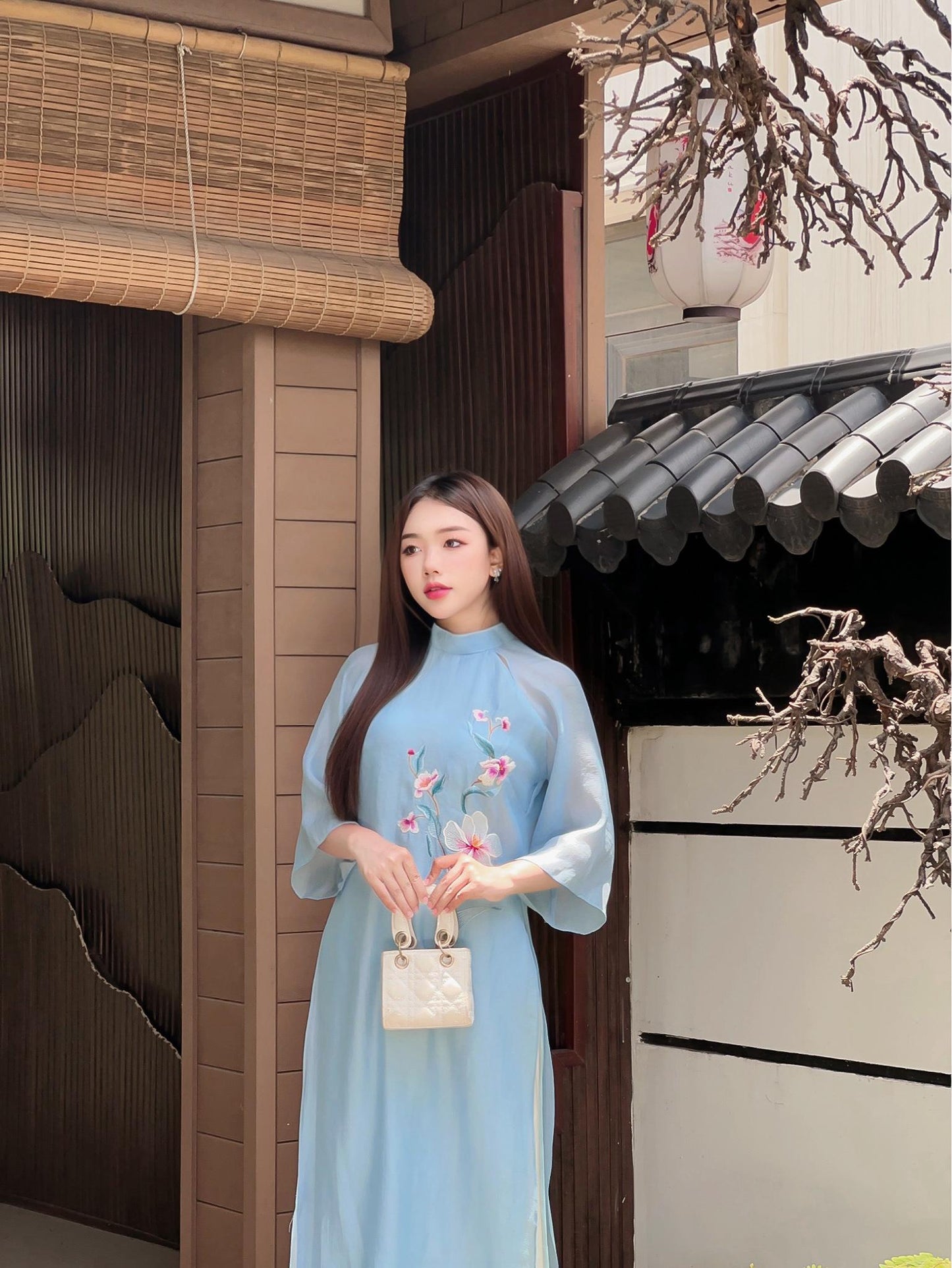 Blue Áo Dài tơ  Embroidery modern neck| Pre-made Modernized Vietnamese Ao Dai| Women Ao Dai| Lunar New Year| Ao Dai Cach Tan with Pants N05