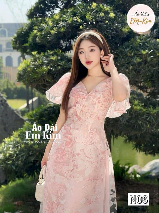 Modern Premium Silk Ao Dai with Wings Sleeve for Women - Pre-made Vietnamese Dress for Lunar New Year|Ao Dai Cach Tan with Pants N06