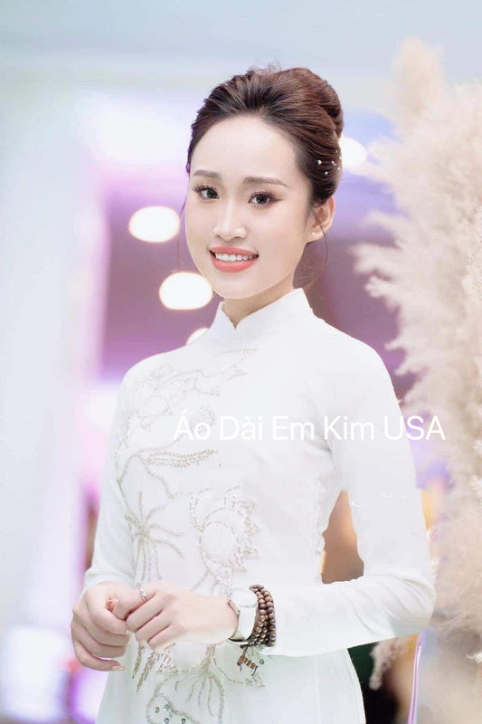 White Ao Dai| Double Layers white Ao Dai with Kim Sa| Ao Dai for women| Pre-made Ao Dai VIet Nam| Ao Dai Tet | B12